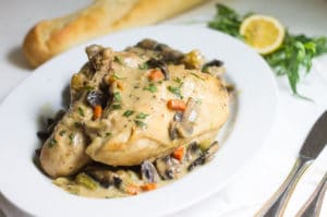 Chicken Fricassee: a one-pot chicken dinner made with mushrooms, tarragon, and a cream sauce. Easy weeknight dinner! Recipe via MonPetitFour.com
