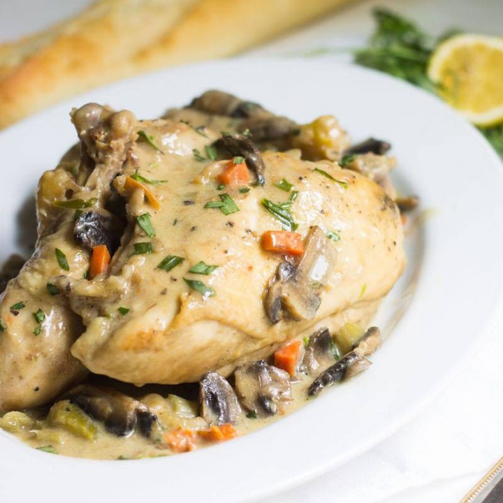Chicken Fricassee: a one-pot chicken dinner made with mushrooms, tarragon, and a cream sauce. Easy weeknight dinner! Recipe via MonPetitFour.com