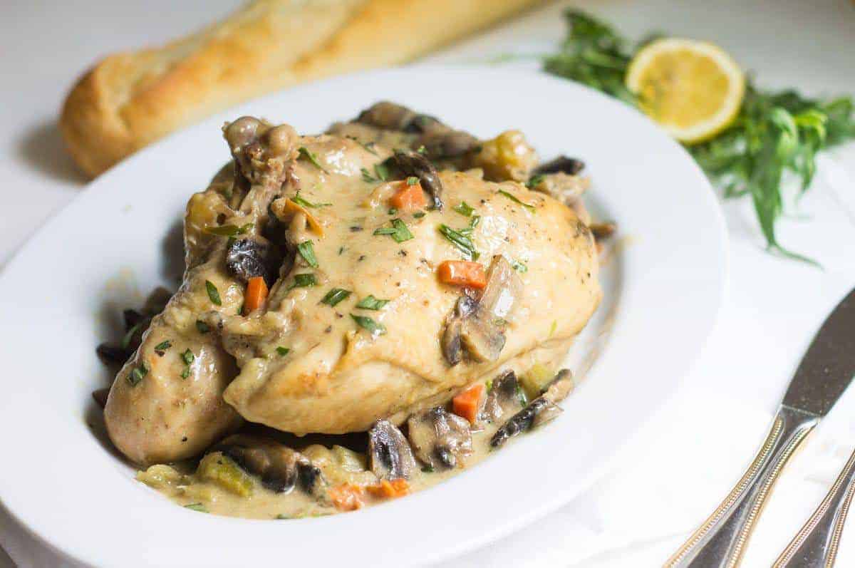 Chicken Fricassee: a one-pot chicken dinner made with mushrooms, tarragon, and a cream sauce. Easy weeknight dinner! Recipe via MonPetitFour.com
