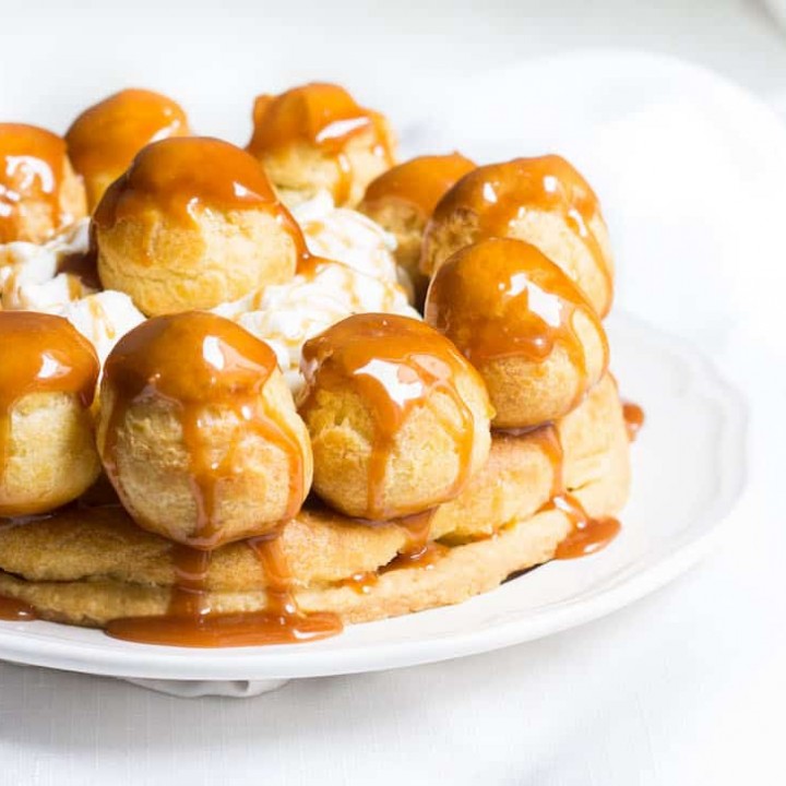 Gateau St. Honore with Salted Caramel! A drool-worthy version made at home, and just a bit easier than the traditional! Recipe via MonPetitFour.com