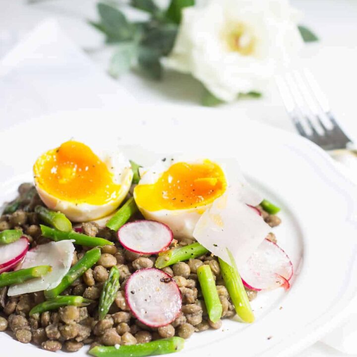 French Lentil Salad: warm lentils with asparagus and a soft boiled egg. Recipe via MonPetitFour.com