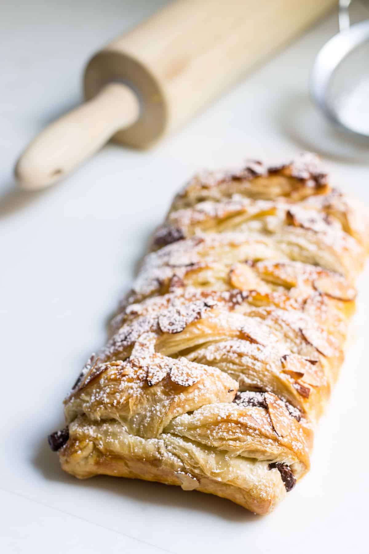 Chocolate Pastry Braid: 3-Ingredient Dessert! Gooey chocolate nestled inside puff pastry and topped with sliced almonds. Recipe via MonPetitFour.com