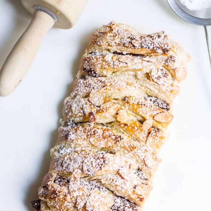 Chocolate Pastry Braid: 3-Ingredient Dessert! Gooey chocolate nestled inside puff pastry and topped with sliced almonds. Recipe via MonPetitFour.com