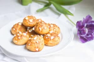 Chouquettes: pastry puffs topped with pearl sugar. Recipe via MonPetitFour.com