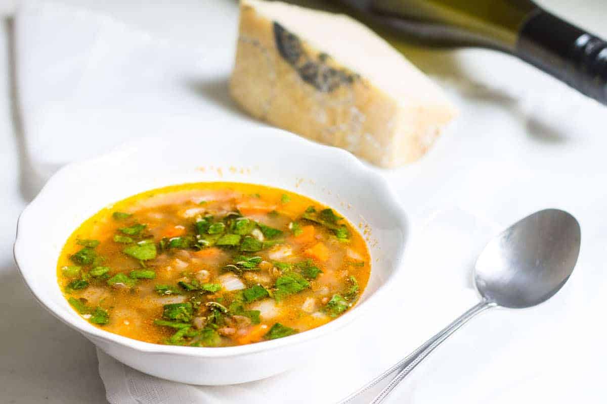 French Lentil Soup with Spinach: a comforting French soup that's hearty and delicious! Recipe via MonPetitFour.com