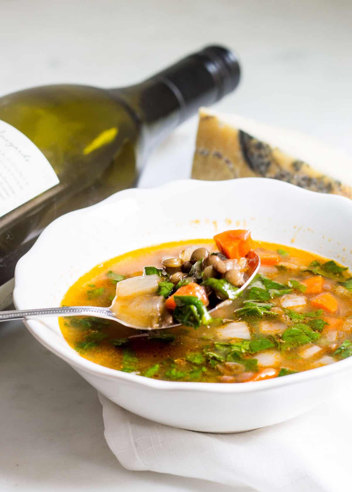 French Lentil Soup with Spinach: a comforting French soup that's hearty and delicious! Recipe via MonPetitFour.com