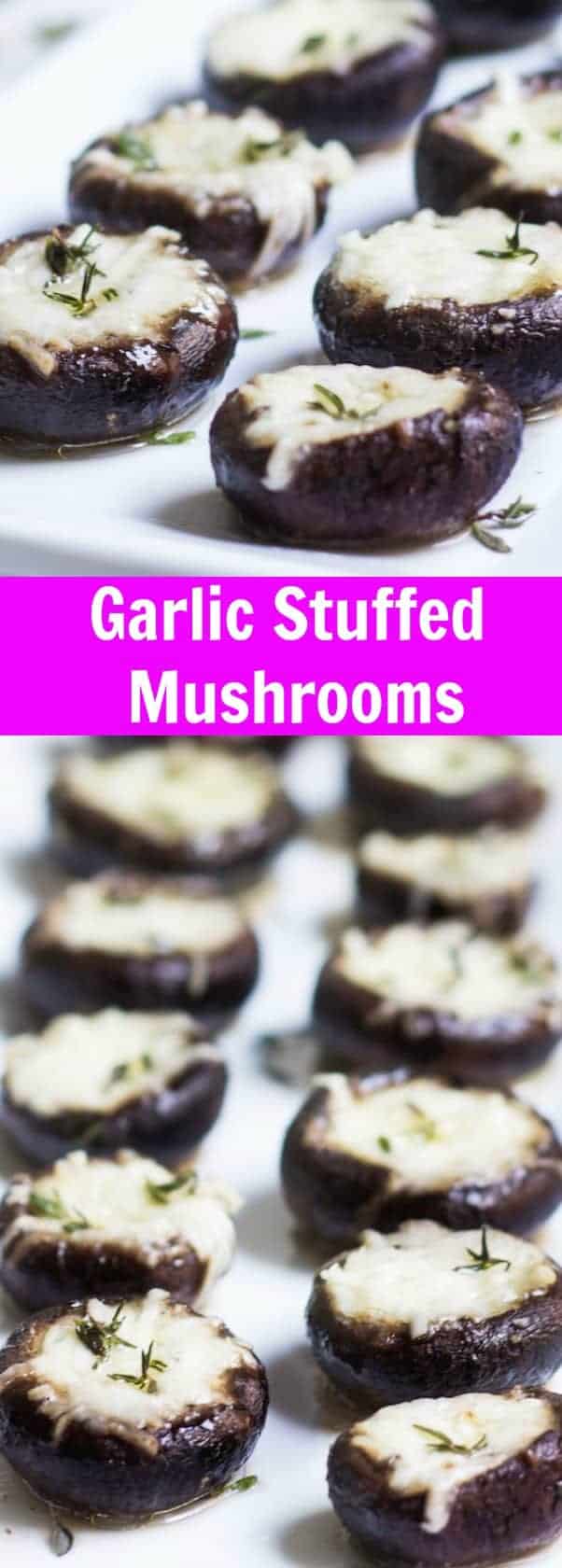 Garlic Stuffed Mushrooms: crimini mushrooms stuffed with garlic butter and parmesan cheese. Perfect appetizer or side dish! French recipe via MonPetitFour.com