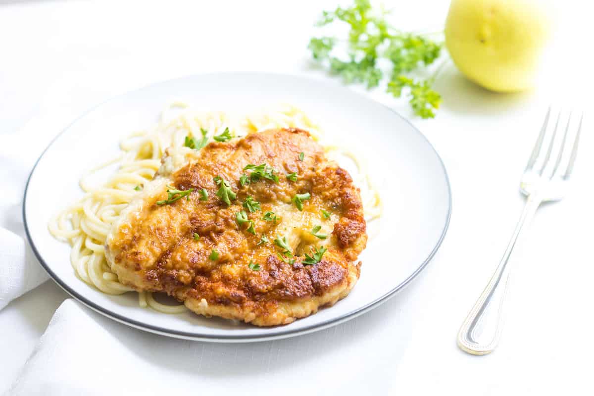 Chicken Meunière: chicken dredged in flour and fried, then topped with a lemon butter sauce. French Recipe via MonPetitFour.com