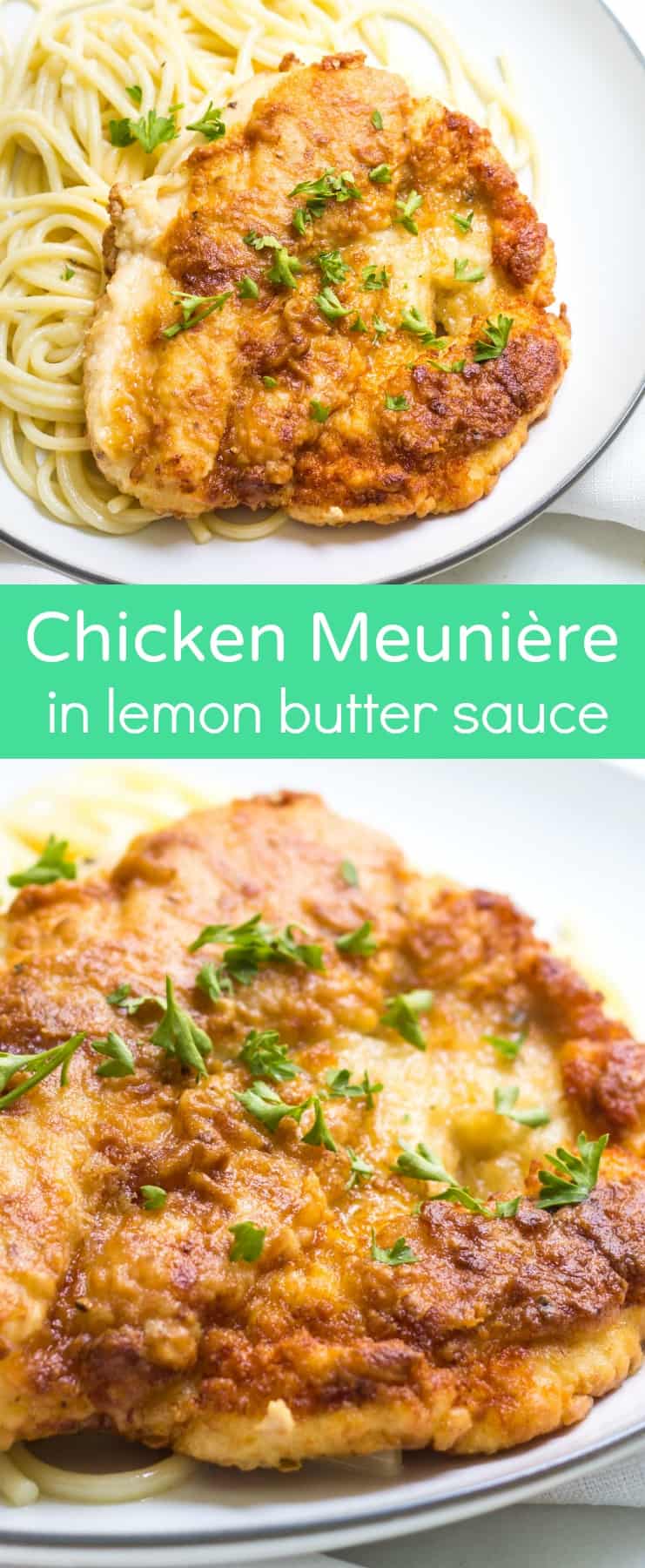 Chicken Meunière: chicken dredged in flour and fried, then topped with a lemon butter sauce. French Recipe via MonPetitFour.com