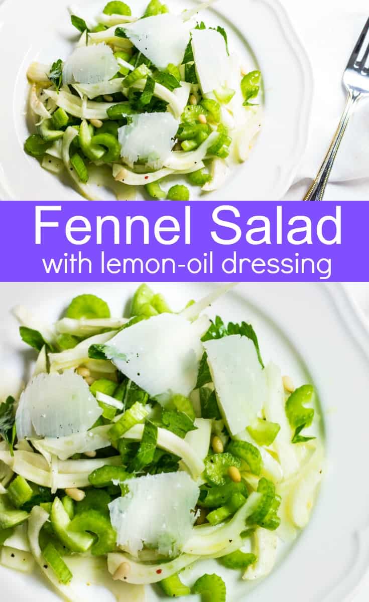 Fennel Salad: a light and refreshing mix made up of fennel, celery, pine nuts, and parmesan shavings. Recipe via MonPetitFour.com