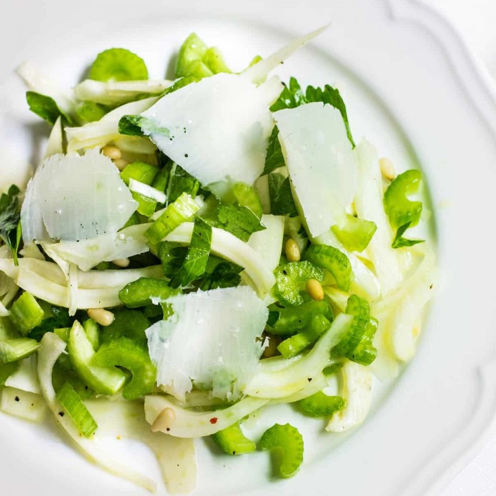 Fennel Salad: a light and refreshing mix made up of fennel, celery, pine nuts, and parmesan shavings. Recipe via MonPetitFour.com