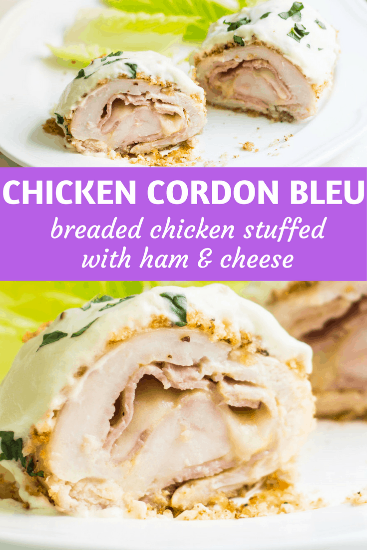 Chicken Cordon Bleu: an easy and quick French dinner! This classic is made with breaded chicken stuffed with ham and cheese. Topped with a dijon cream sauce. Recipe via MonPetitFour.com