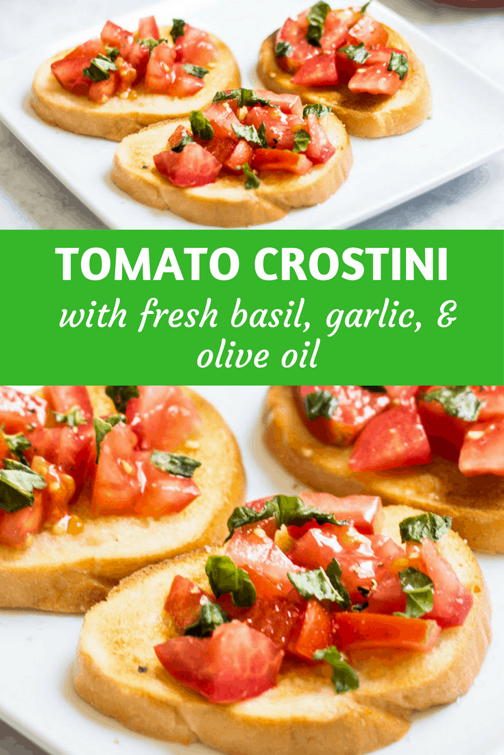 Tomato Crostini: easy appetizer idea using fresh tomatoes, basil, and garlic-flavored baguette slices. French recipe via MonPetitFour.com