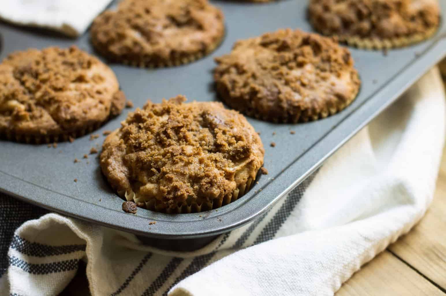 Apple Muffins: easy, tender apple muffins with a crisp, streusel topping. Perfect fall recipe via MonPetitFour.com