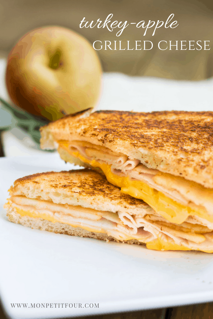 Turkey-Apple Grilled Cheese Sandwich: a perfect back-to-school, fall sandwich made with cheddar cheese, deli turkey, and granny smith apple slices. A easy and yummy fall recipe via MonPetitFour.com
