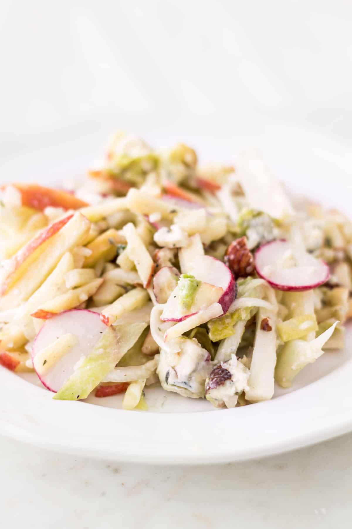 Apple Fennel Salad: a fall salad made with apples, fennel, Belgian endive, radishes, and a blue cheese vinaigrette. Easy, light, and delicious! French recipe via MonPetitFour.com
