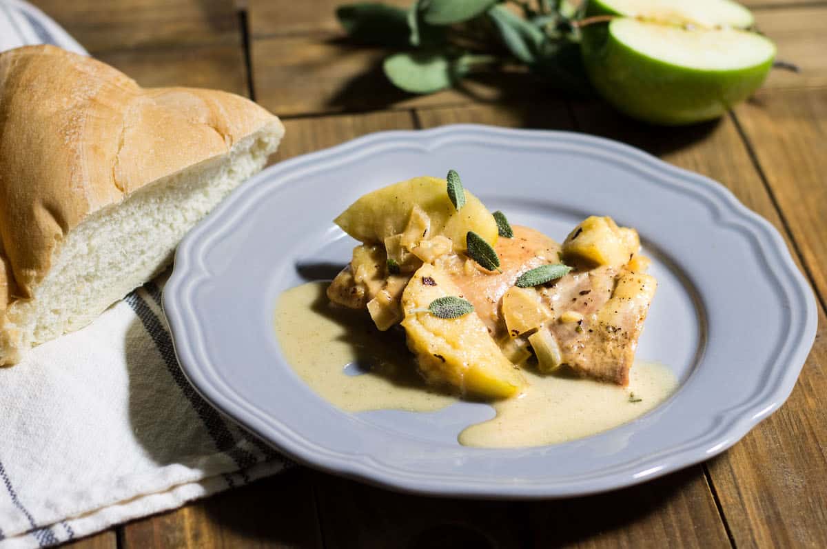 Chicken Normandy: a one-pot fall dinner made with braised chicken, apples, onion, apple cider, and cream. Recipe via MonPetitFour.com