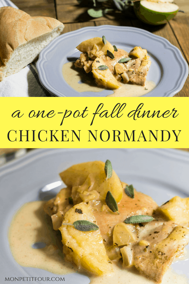 Chicken Normandy: a one-pot fall dinner made with braised chicken, apples, onion, apple cider, and cream. Recipe via MonPetitFour.com