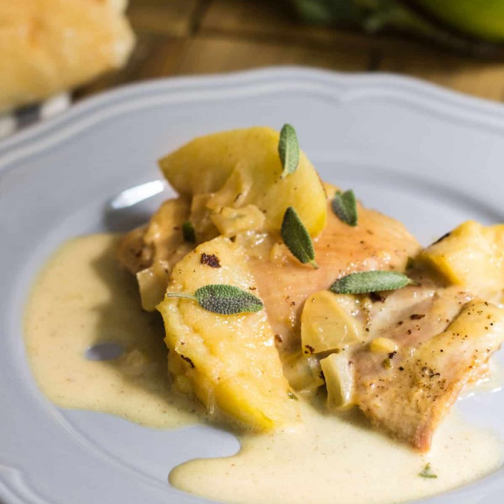 Chicken Normandy: a one-pot fall dinner made with braised chicken, apples, onion, apple cider, and cream. Recipe via MonPetitFour.com