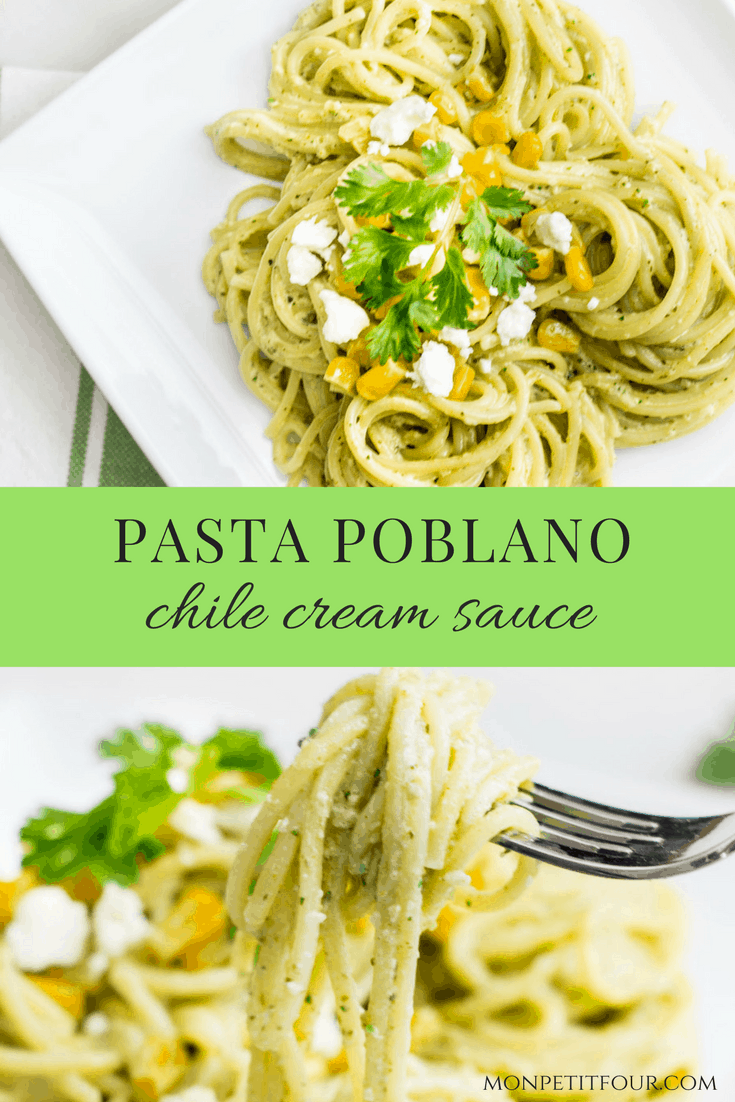 Pasta Poblano: a creamy pasta recipe made with poblano chiles, jalapeño, cilantro, and fresh crema sauce. Tasty, quick, and easy weeknight dinner! Recipe via MonPetitFour.com #ad #barillafusion