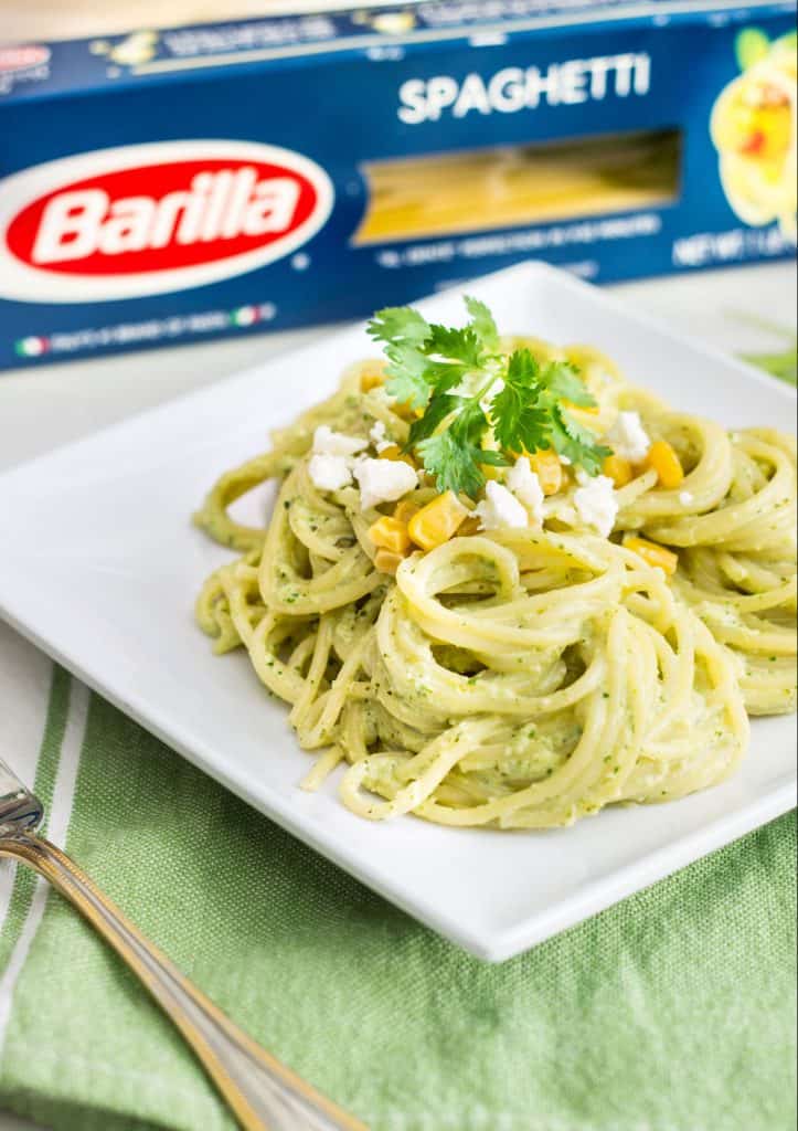 Pasta Poblano: a creamy pasta recipe made with poblano chiles, jalapeño, cilantro, and fresh crema sauce. Tasty, quick, and easy weeknight dinner! Recipe via MonPetitFour.com