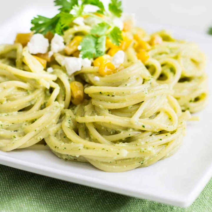 Pasta Poblano: a creamy pasta recipe made with poblano chiles, jalapeño, cilantro, and fresh crema sauce. Tasty, quick, and easy weeknight dinner! Recipe via MonPetitFour.com