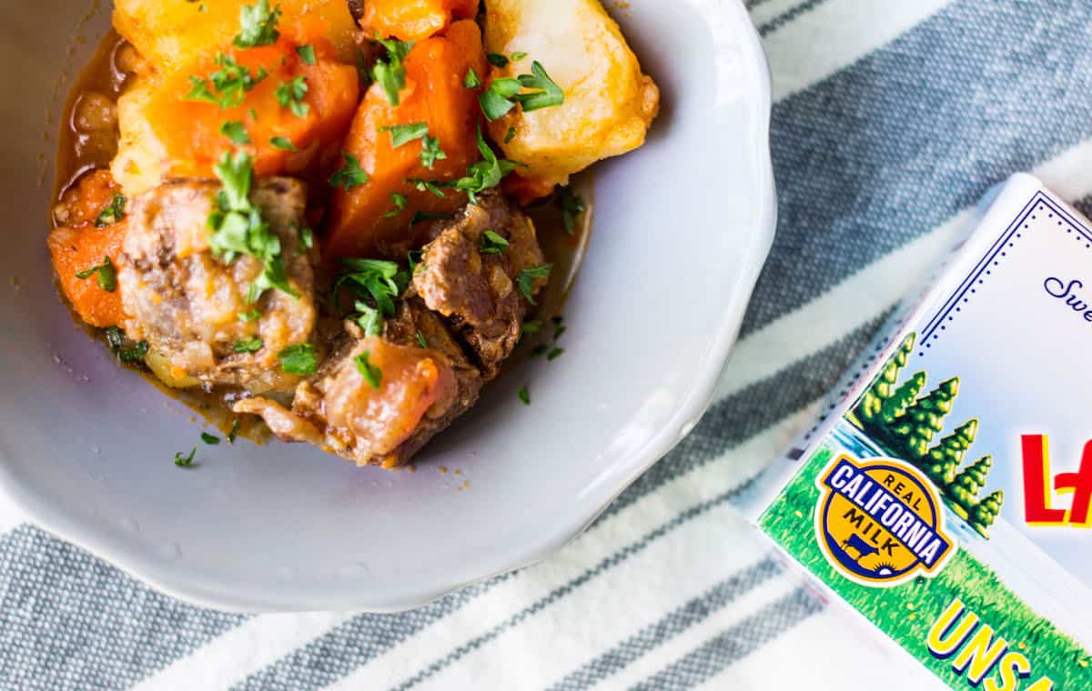 Instant Pot Beef Stew: a delicious beef stew made in the Instant Pot in half the time! A cozy, hearty meal for cold weather months. French recipe via MonPetitFour.com