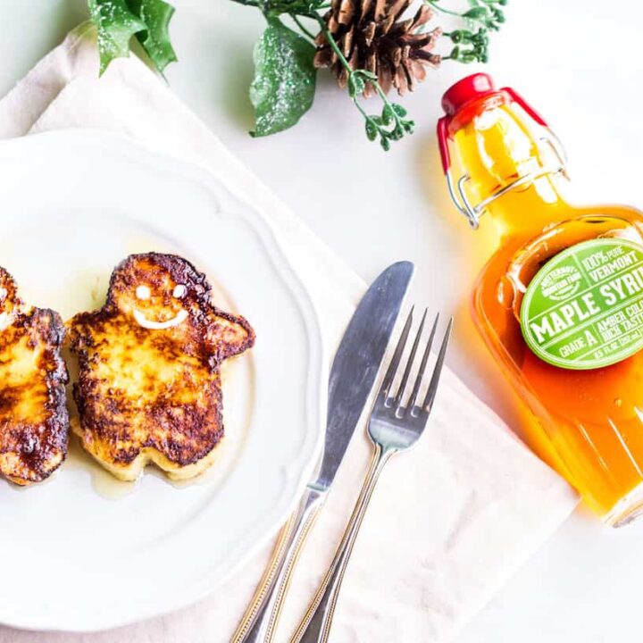 Holiday Pain Perdu: gingerbread men shaped french toast served with Butternut Mountain Farm maple syrup. Recipe via MonPetitFour.com [ad]