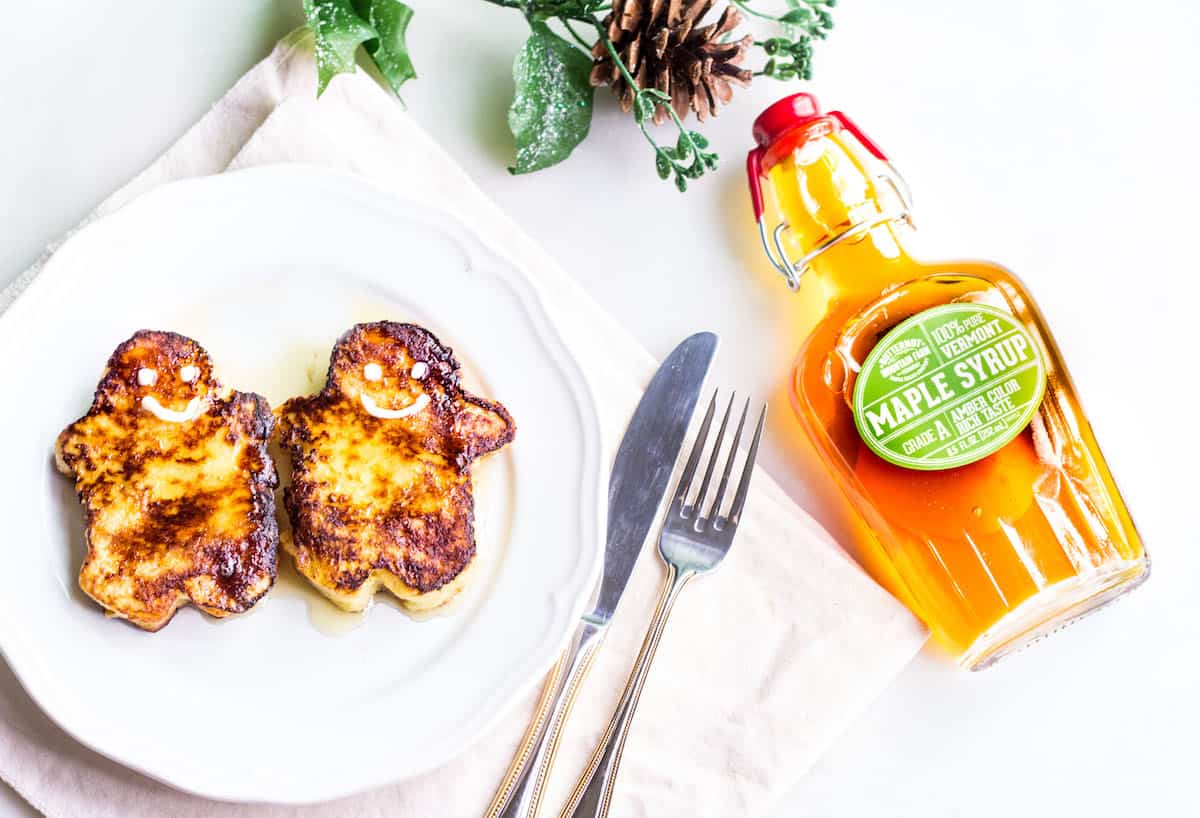 Holiday Pain Perdu: gingerbread men shaped french toast served with Butternut Mountain Farm maple syrup. Recipe via MonPetitFour.com [ad]
