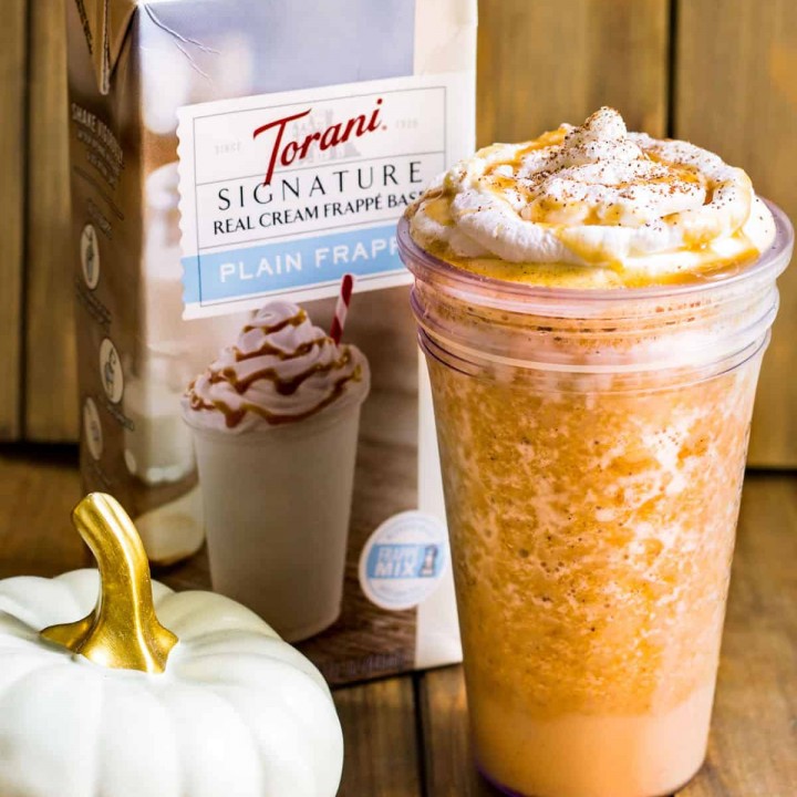 Pumpkin Spice Frappé: a rich and creamy blended drink flavored with pumpkin and pumpkin pie spice. Made with Torani Real Cream Plain Frappé Mix. Recipe via MonPetitFour.com #ad #MyToraniFrappe