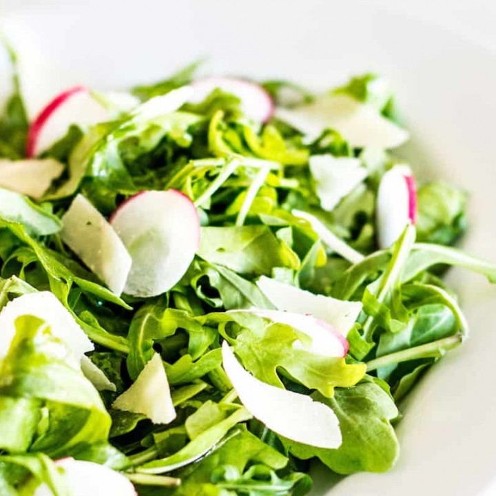 Arugula Salad with Parmesan: a quick and easy, go-to salad for everyday meals and entertaining. French recipe via MonPetitFour.com