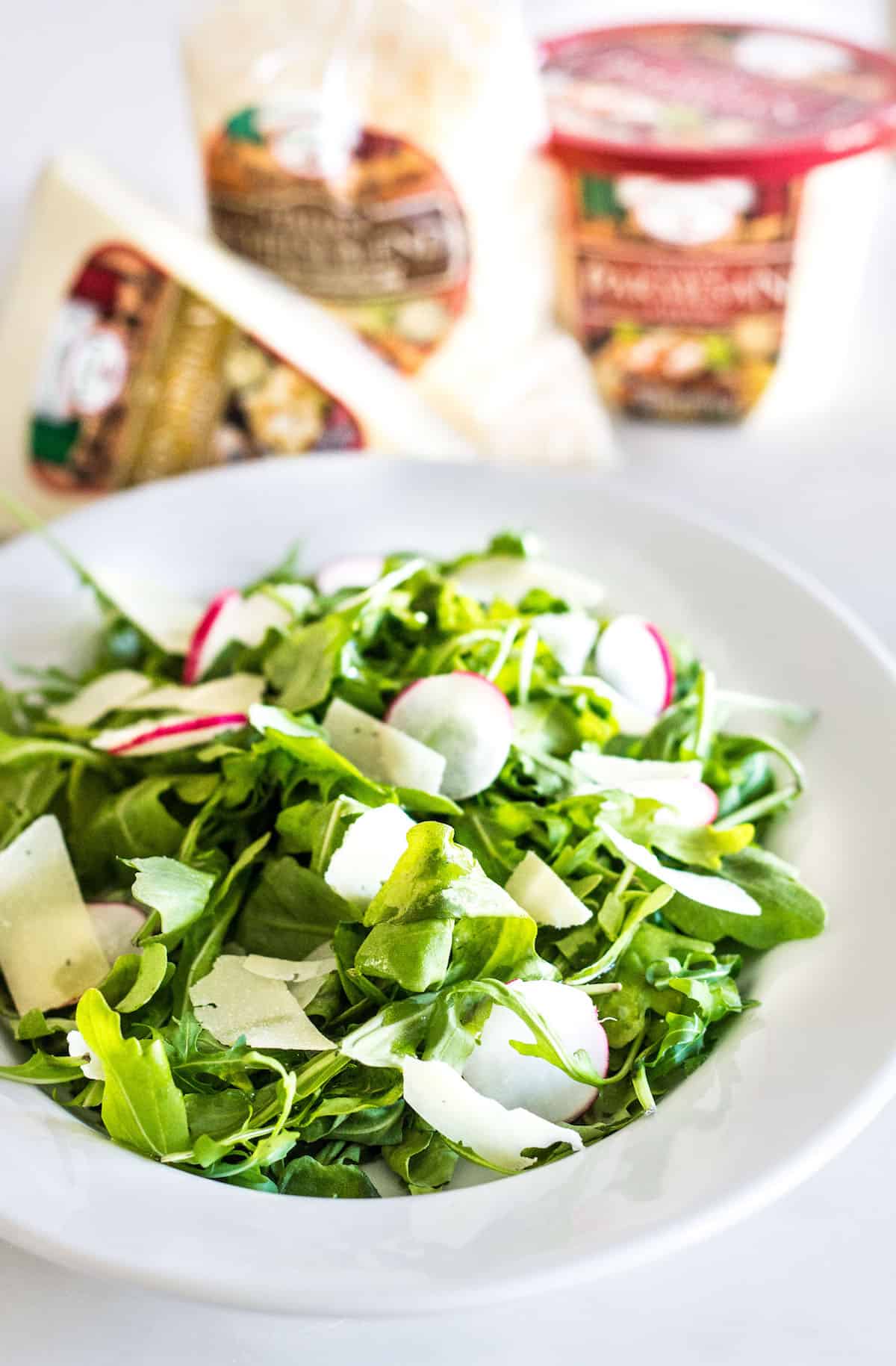 Arugula Salad with Parmesan: a quick and easy, go-to salad for everyday meals and entertaining. French recipe via MonPetitFour.com