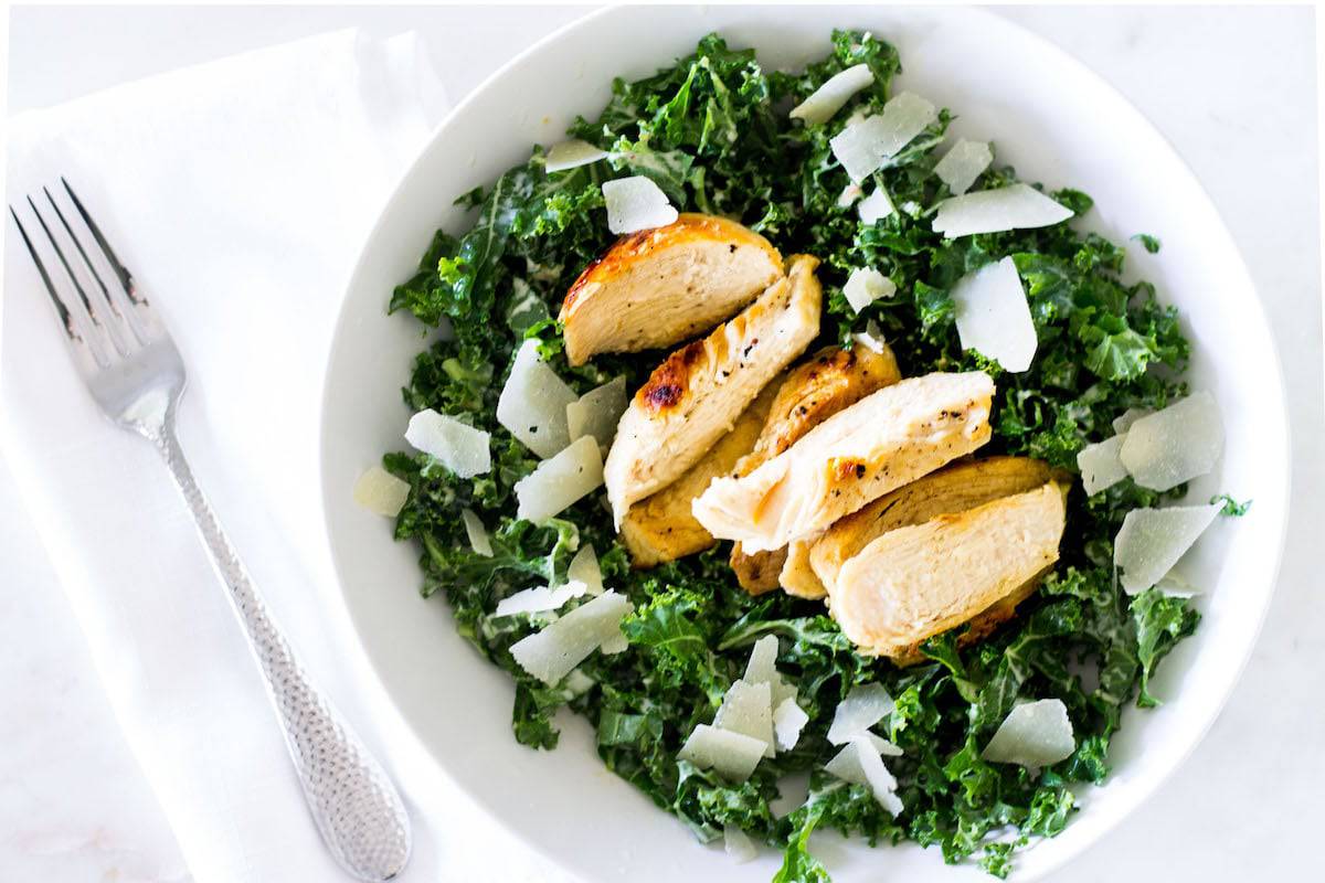 kale caesar salad overhead shot