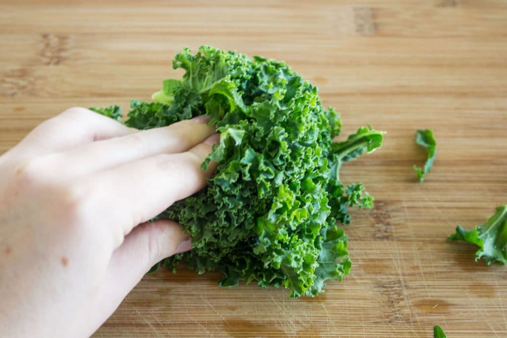 Kale Caesar Salad kale leaves get chopped