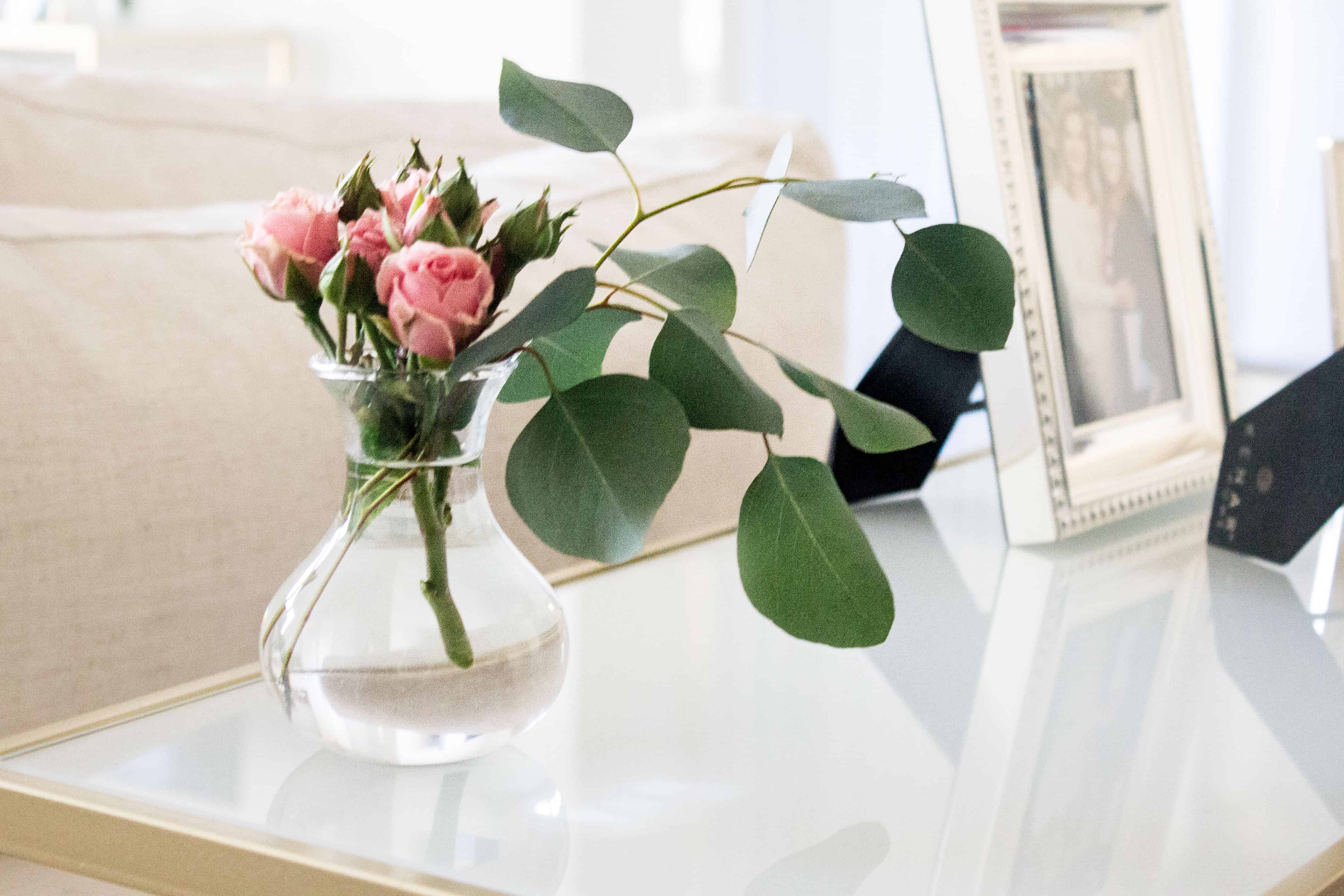 Small floral arrangements pink roses and eucalyptus mini vase via MonPetitFour.com