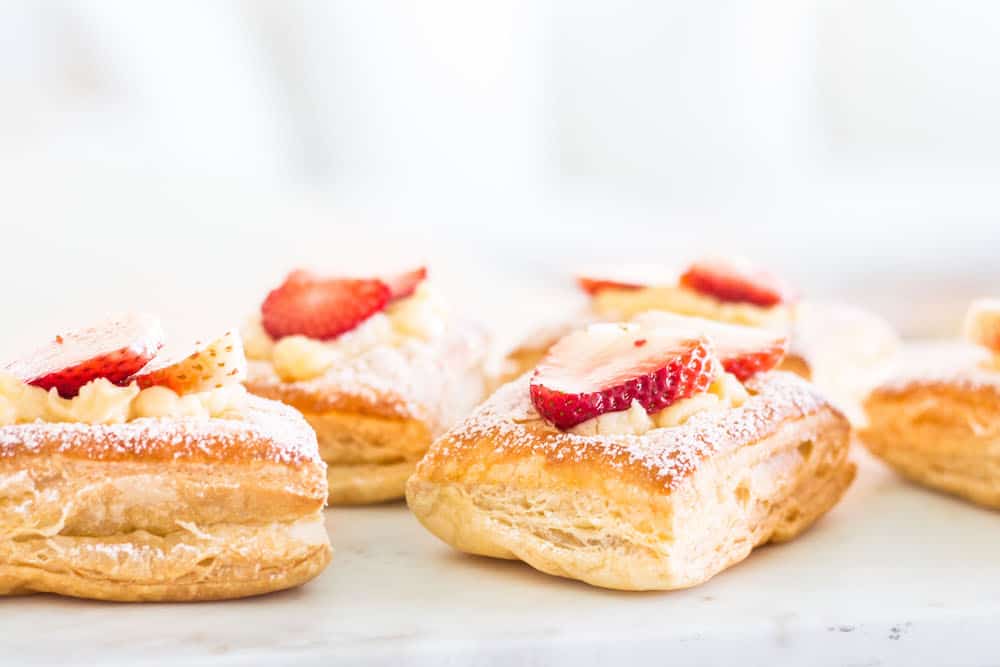 Strawberry croissants at eye-level view