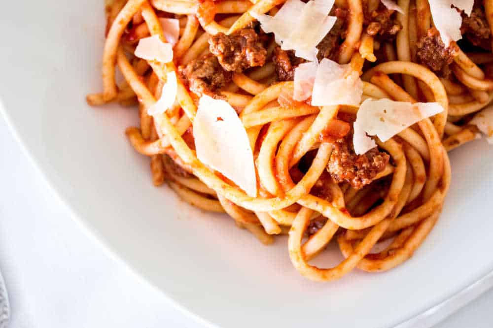 Simple Bolognese Recipe close-up shot of spaghetti