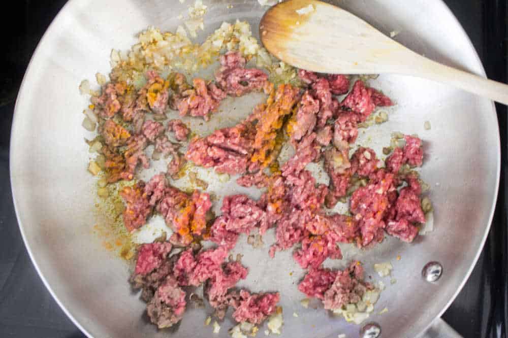 Simple Bolognese Recipe beef being browned in pan