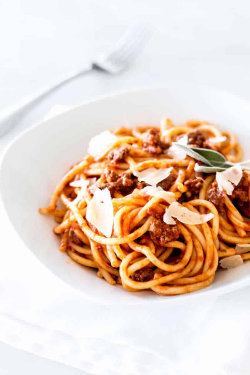 Simple Bolognese Recipe portrait shot of spaghetti