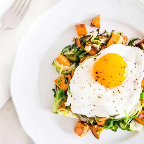 Sweet Potato Hash with Shaved Brussels Sprouts overhead shot