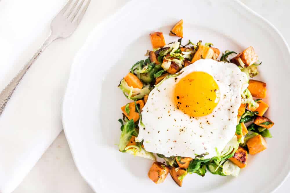 Sweet Potato Hash with Shaved Brussels Sprouts overhead shot