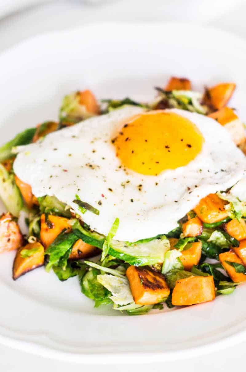 Sweet Potato Hash with Shaved Brussels Sprouts close up shot