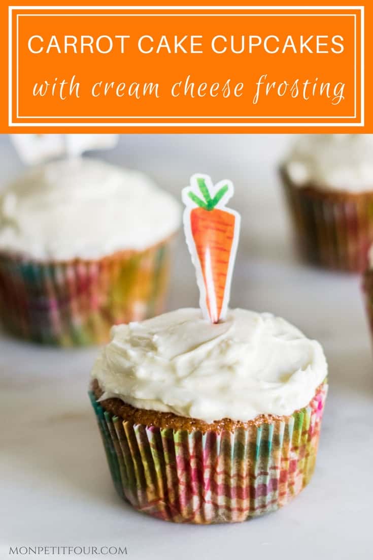 Easy Carrot Cake Cupcakes with Cream Cheese Frosting. Best recipe via MonPetitFour.com 