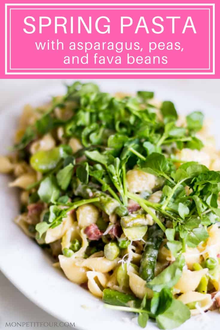 Pasta with Asparagus, Peas, and Fava Beans. Easy spring dinner and French recipe via MonPetitFour.com