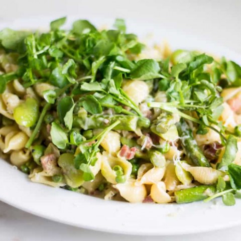 Pasta with Asparagus, Peas, and Fava Beans wide angle shot