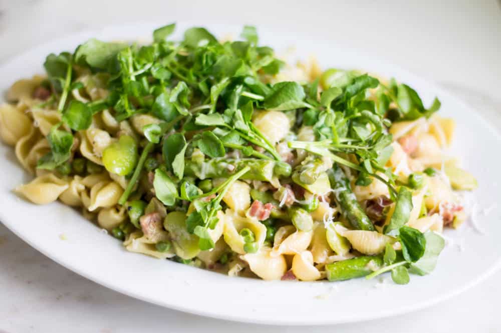Pasta with Asparagus, Peas, and Fava Beans wide angle shot