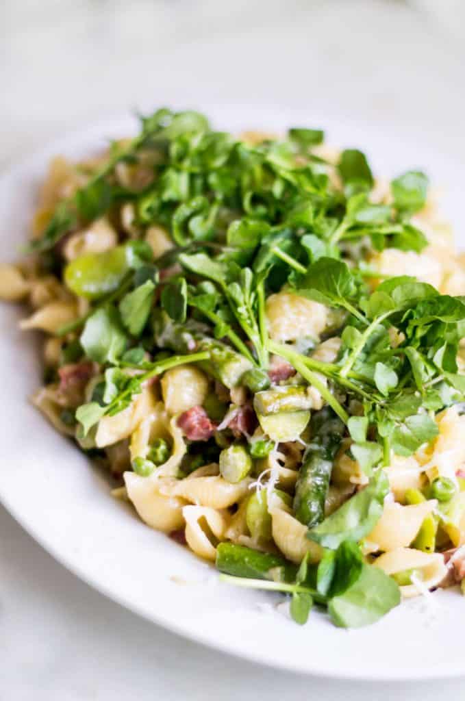 Pasta with Asparagus, Peas, and Fava Beans close up shot