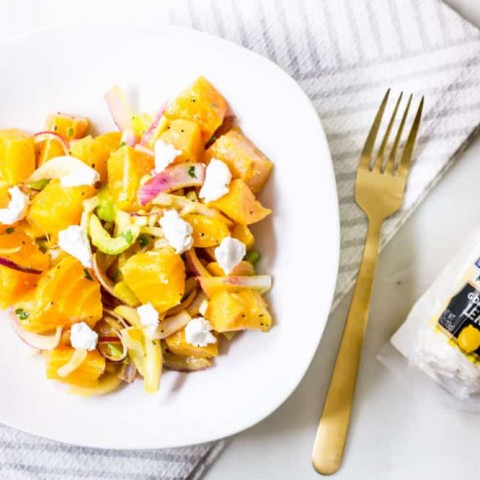 Beet Salad Recipe with Montchevre goat cheese overhead shot