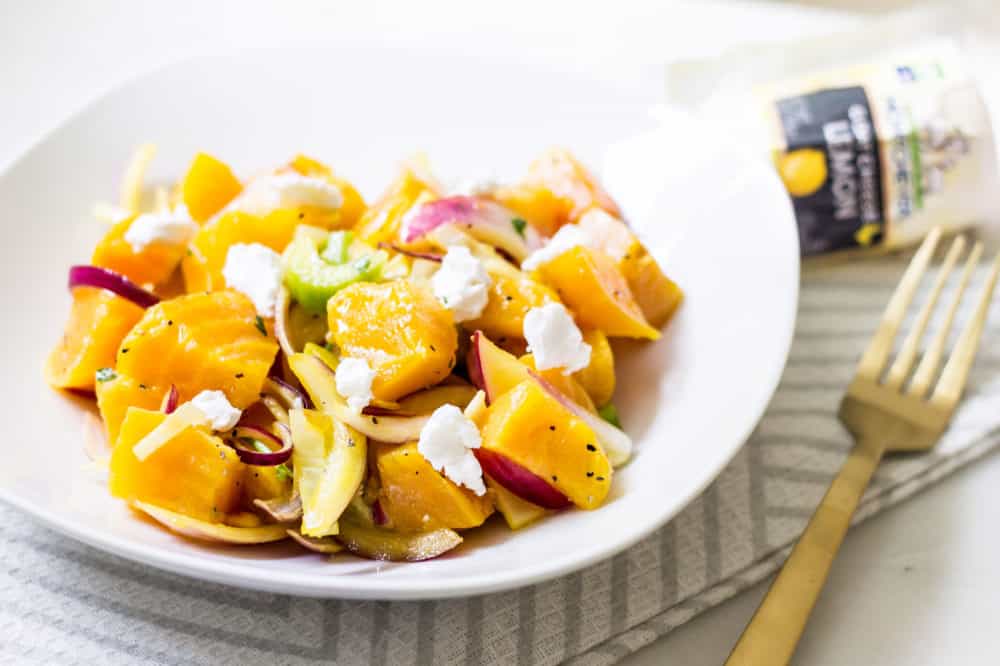 beet salad with goat cheese in a bowl
