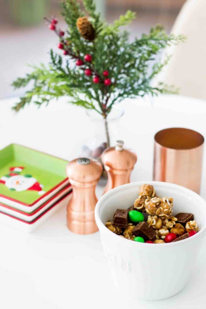 christmas moose crunch in popcorn bowl